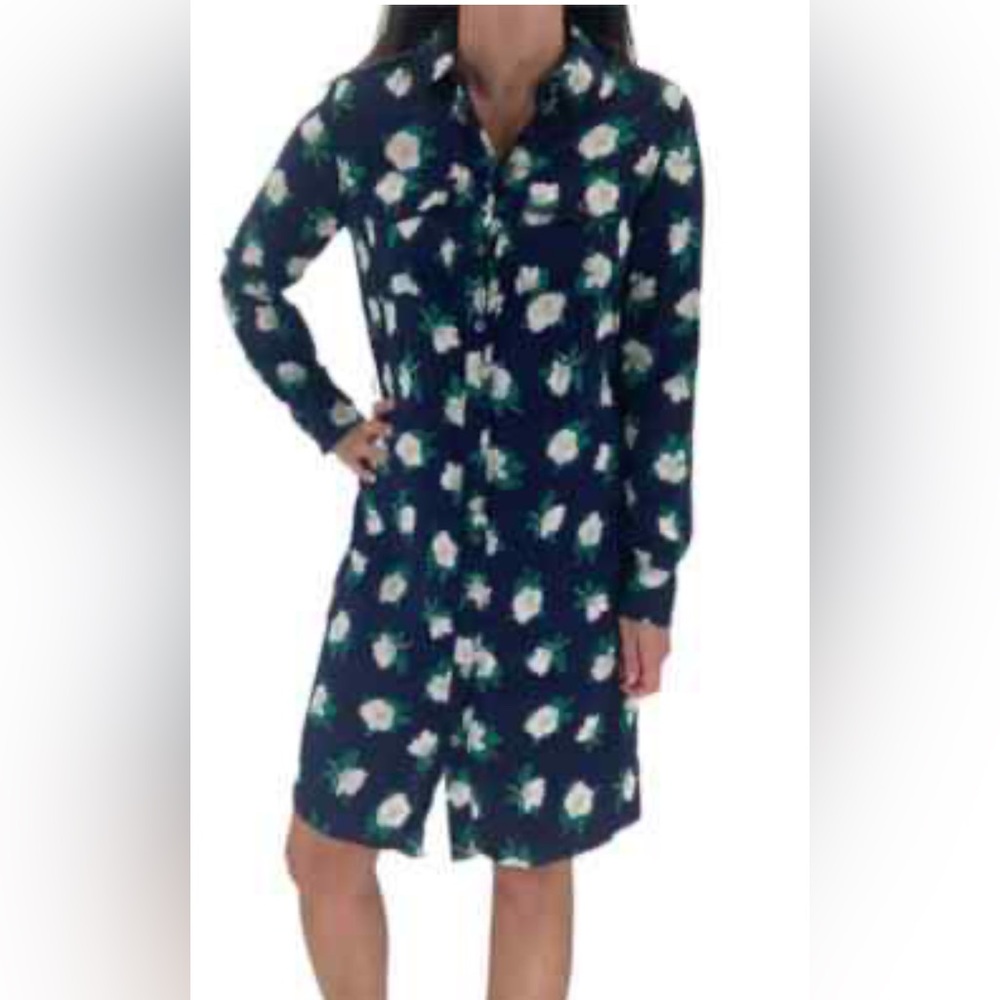 DRAPER JAMES x LANDS’ END Magnolia Navy Blue Floral Shirt Dress Size XS